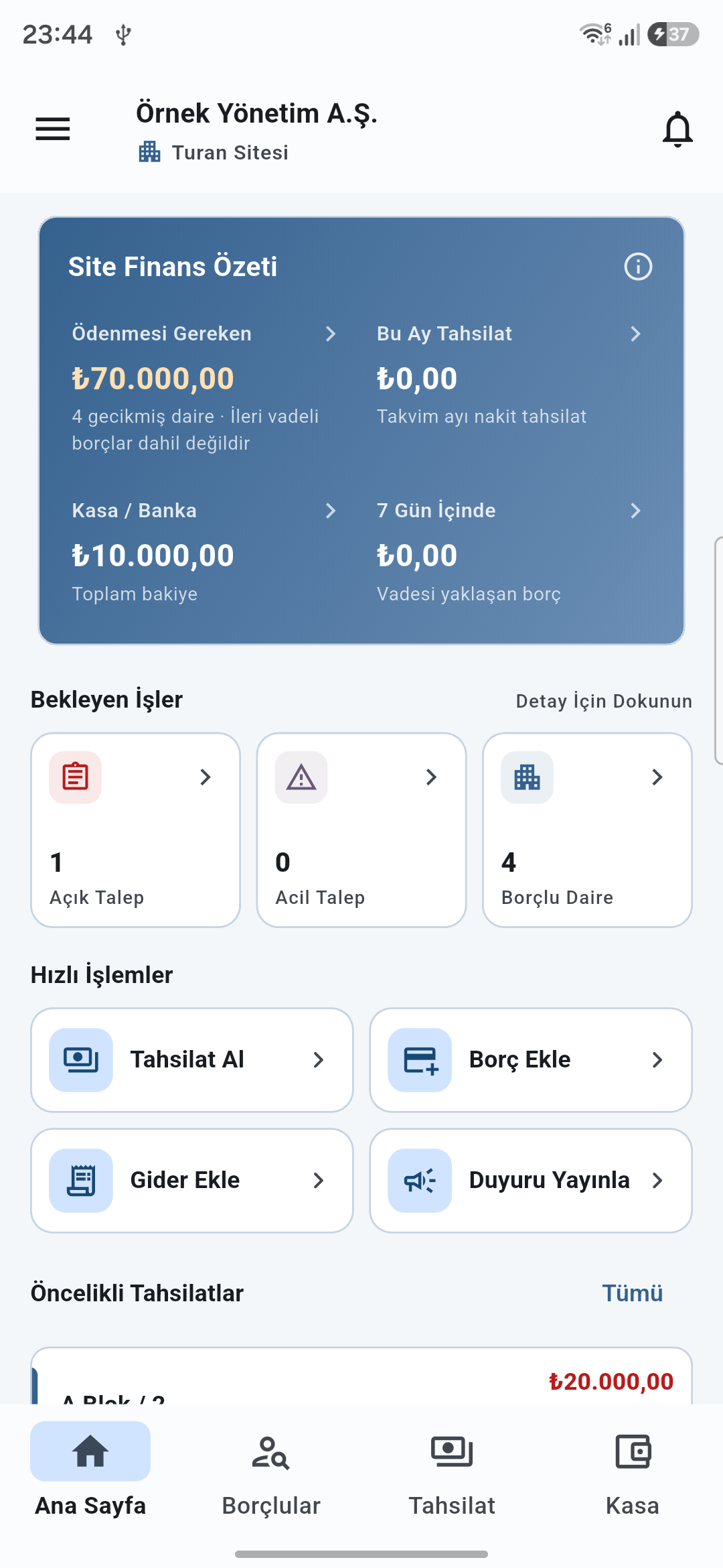 SiteHesabım Yönetim uygulamasının gerçek ana ekranı