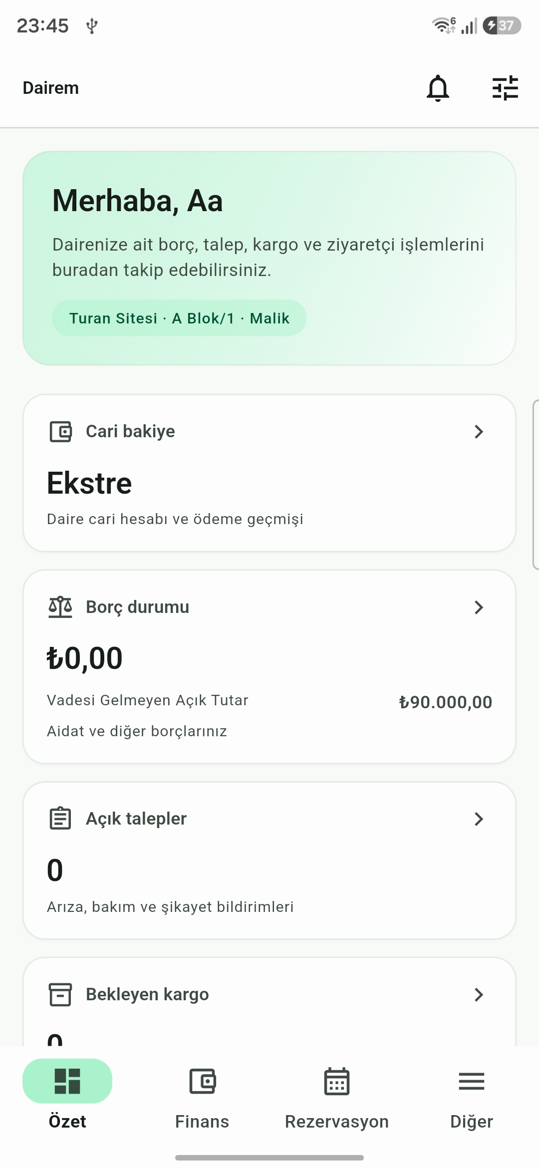 SiteHesabım Sakin uygulamasının gerçek ana ekranı